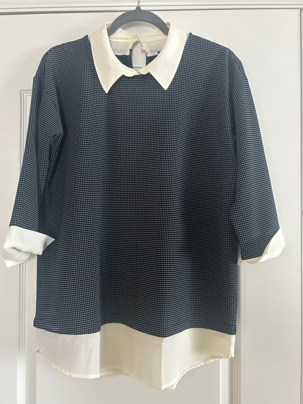 Ann Taylor Navy Dot Print Blouse with Cream Collar & Hem